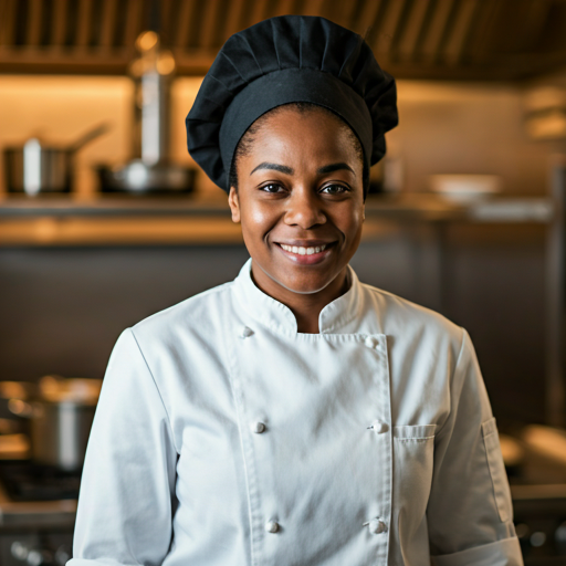 Portrait of a smiling African female head chef in a white uniform standing in a professional kitchen with warm ambient lighting