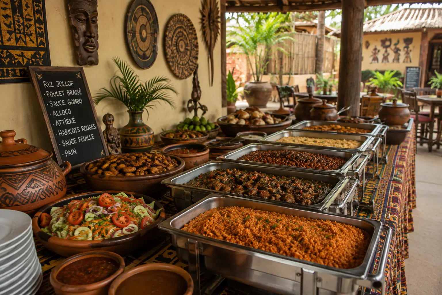 Buffet de réception Mama Sarah — plats camerounais servis en cocottes